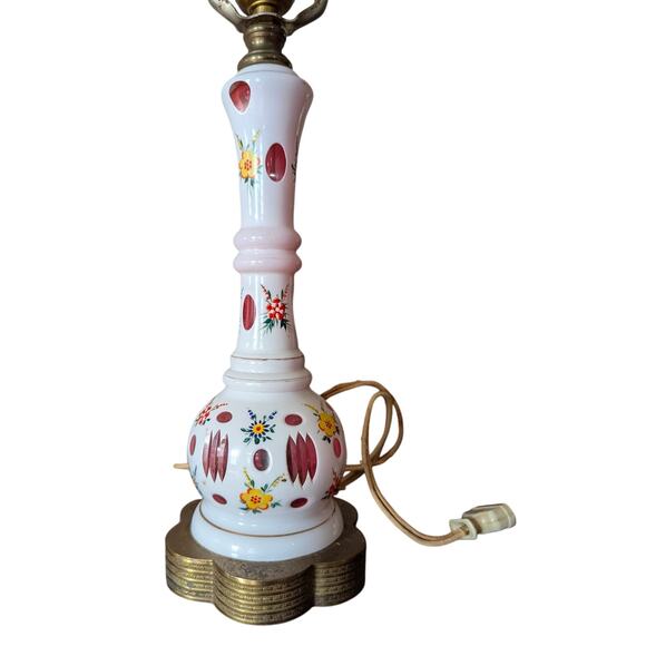 Vintage Cranberry Glass Boudoir Lamp Moser Cut Clear Enamel